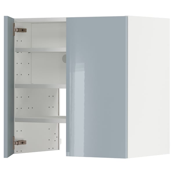 A modern, high-gloss light blue-gray cabinet from the METOD kitchen system, designed with adjustable shelves and versatile door mounting.