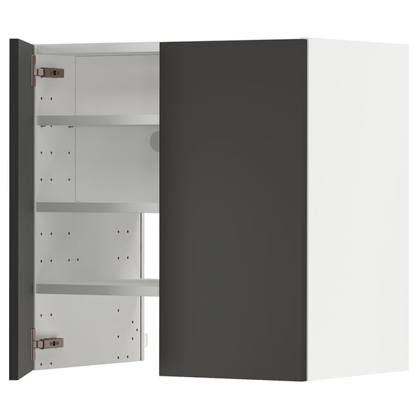 Modern kitchen cabinet in black, featuring a sleek design with adjustable shelves and sturdy construction.