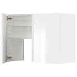 A white METOD kitchen cabinet with a modern, glossy finish. It has two doors, one open revealing an adjustable shelf.