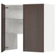 Modern dark brown kitchen cabinet with adjustable shelves, one open door revealing white interior.