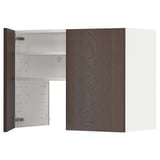 A dark brown wooden cabinet with one door open, revealing adjustable shelves inside, designed for a kitchen.