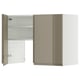 Modern kitchen cabinet, white and gold, with mirrored doors, open doors on left, closed on right.
