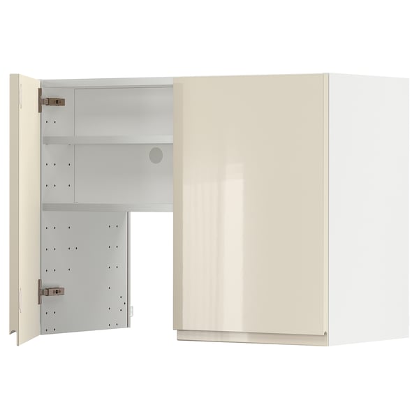 A beige, modern kitchen cabinet from the METOD system with a glossy finish and adjustable shelves.