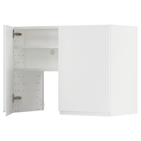 White modern kitchen cabinet with open door, showing shelves and adjustable compartments.