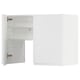 White modern kitchen cabinet with open door, showing shelves and adjustable compartments.
