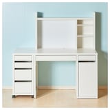 White MICKE desk with storage units, shelves, and a notice board. Clean, modern design for study or hobby.
