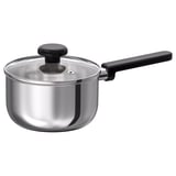 Silver stainless steel saucepan with black handle and glass lid.