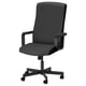 MILLBERGET: elegant black office chair in dark grey fabric, featuring padded armrests, adjustable height, and wheels for easy movement.