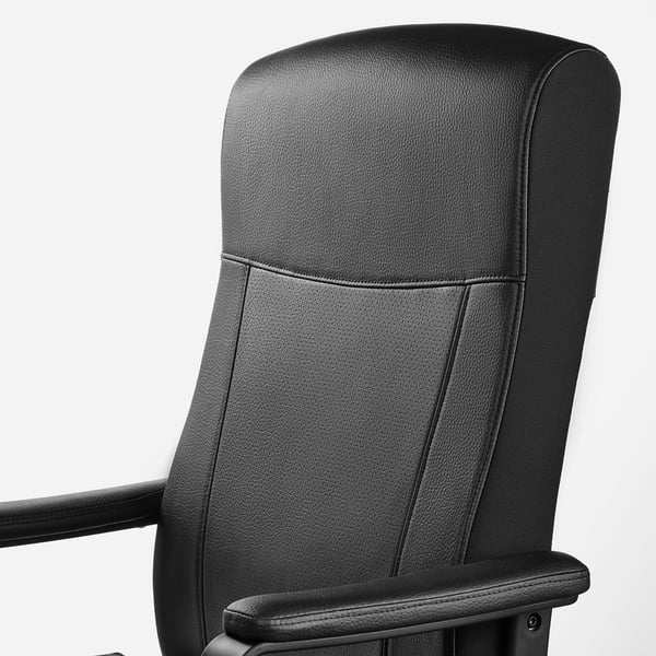 Black swivel office chair with cushioned armrests and high back support, designed for comfort and style.