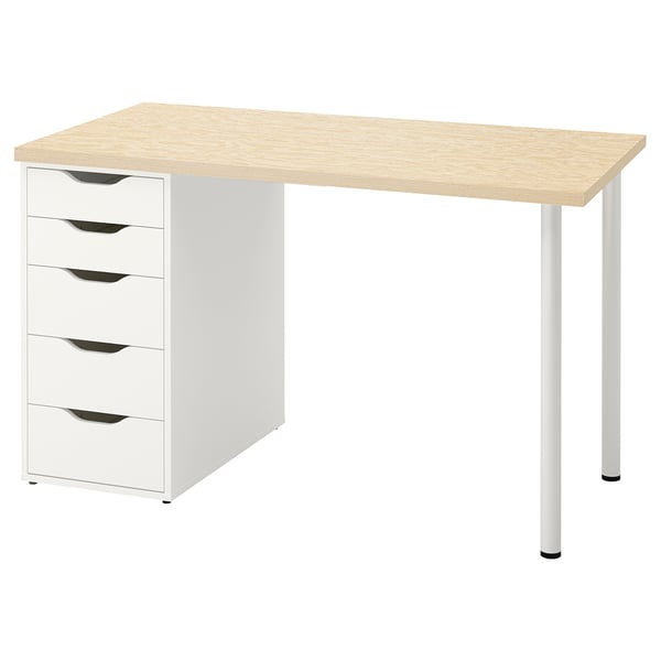 Modern desk with light wooden top and white drawers. Four silver legs support the structure.
