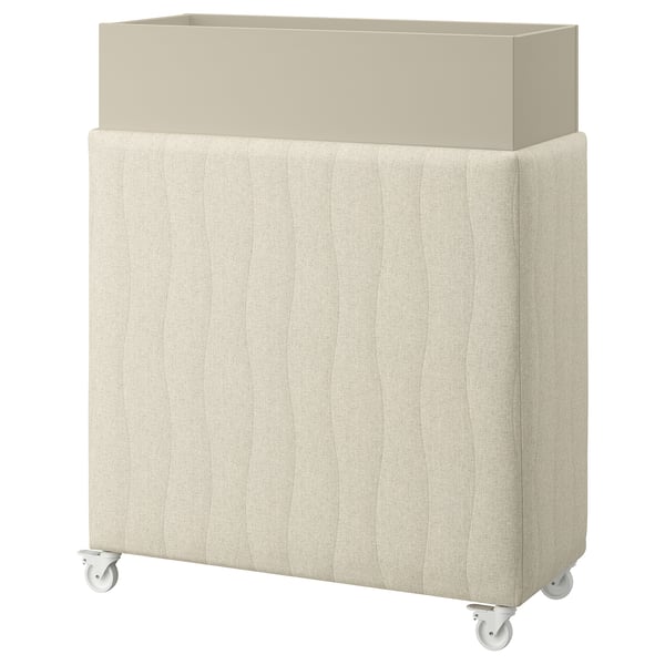 MITTZON: beige acoustic plant box on wheels, fabric-covered with foam, wooden top.