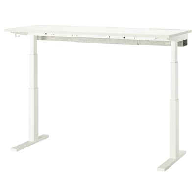 The mitton sit-stand desk in white is sleek and modern. It has a rectangular top with clean edges and two adjustable legs for height variation.