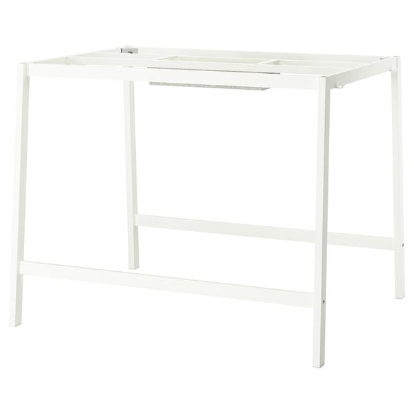 A white MITTZON desk with a minimalist design, featuring metal legs and a steel structure.