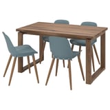 A MÖRBYLÅNGA dining set with a wooden table and four blue chairs.