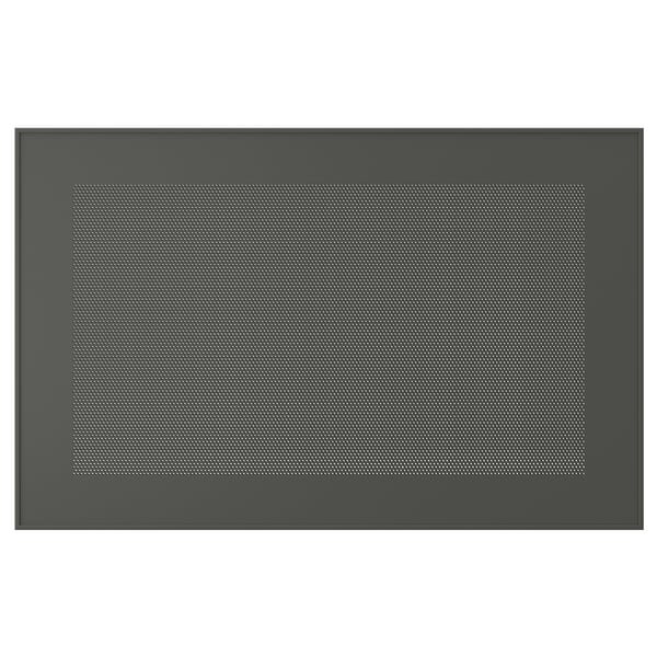 A MÖRTVIKEN metal black front panel. Its rectangular with a perforated design for signal transparency.