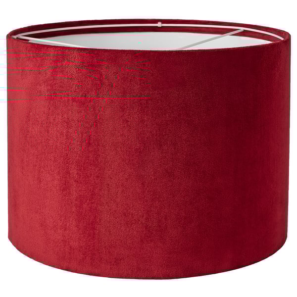 Red MOLNSKIKT lamp shade, cylindrical shape, soft velvet texture, modern design.