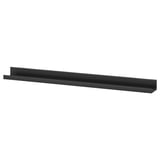 A black MOSSLANDA wall shelf made of fibreboard, designed to display pictures with a groove for small frames.