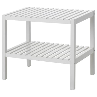 White wooden bench with two open shelves, simple design.