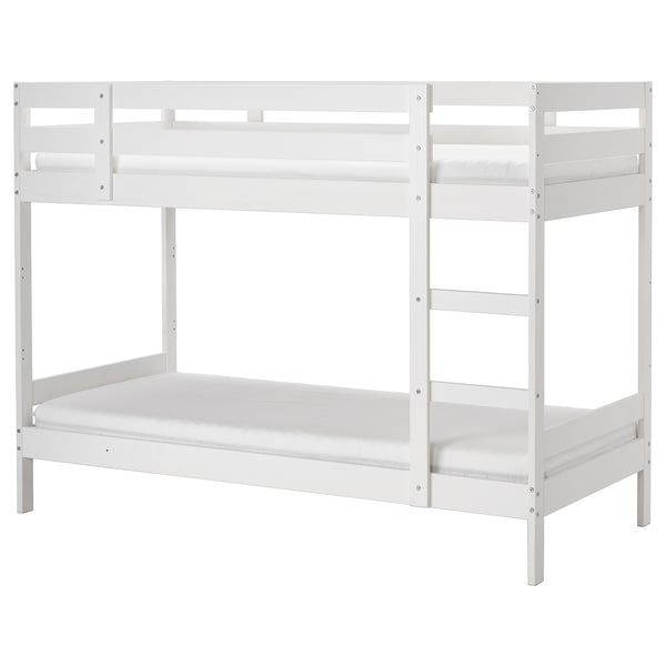 A white MYDAL wooden bunk bed with a ladder.