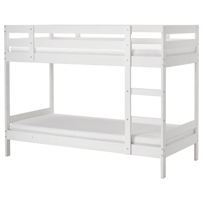 A white MYDAL wooden bunk bed with a ladder.