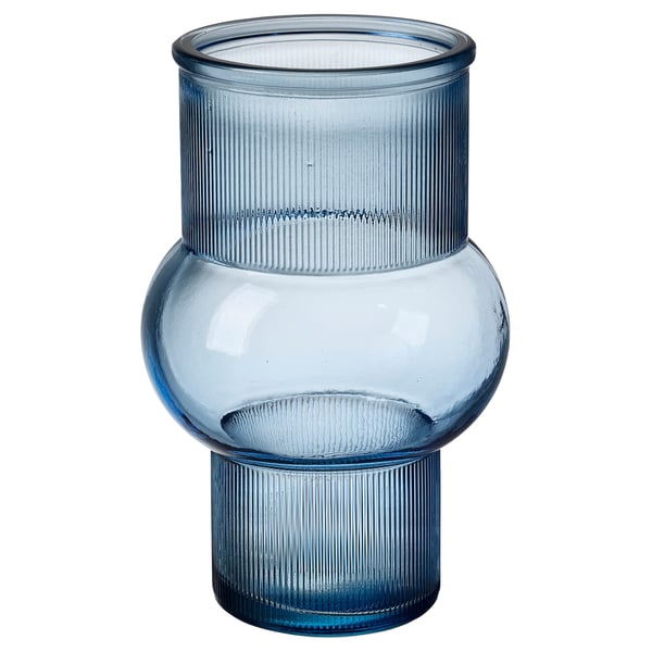 A blue recycled glass vase named MYRMOSAIK, showcasing a unique, bubbled texture and varying color tones.