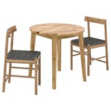 Round wood dining set with 2 chairs, woven seats, light finish, compact design.