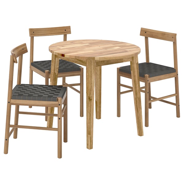 The NACKANÄS set a light brown wooden round table and two matching chairs with woven seats.
