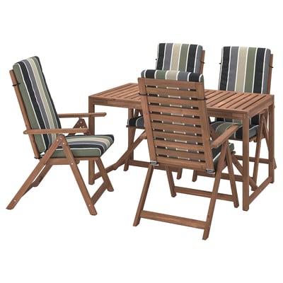 Outdoor patio set with table and 4 striped chairs, made of acacia wood, ideal for outdoor relaxation.