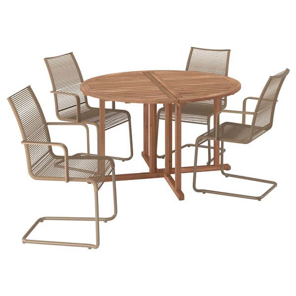 Round outdoor dining set with 4 smooth beige chairs and a wooden table.
