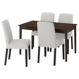 Modern dining set with dark brown table and four grey fabric chairs, featuring sleek design and sturdy wooden legs.