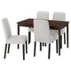 Modern dining set with dark brown table and four grey fabric chairs, featuring sleek design and sturdy wooden legs.