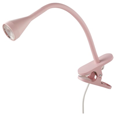 Pink adjustable clip-on lamp with flexible neck and focused light. Energy-efficient led.