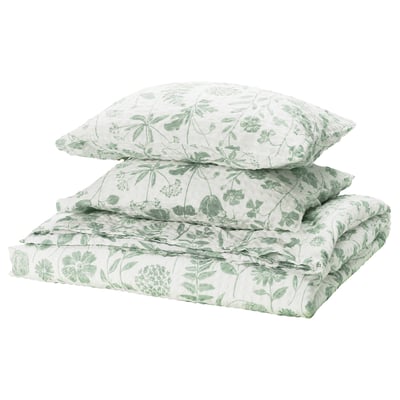 NÅLBJÖRNBÄR duvet set: white w/ green floral print, seersucker cotton-viscose blend.
