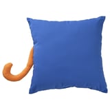 Blue square cushion with orange cat tail; soft, recycled material.