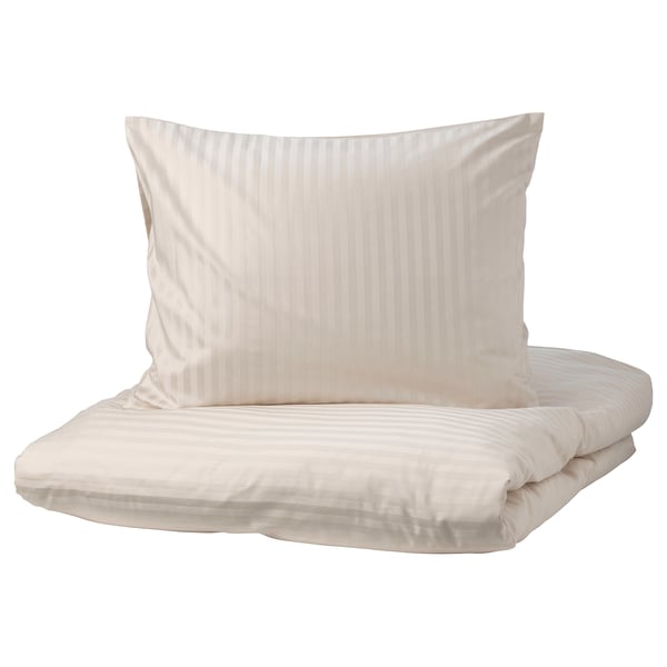 NATTJASMIN: beige duvet set with subtle stripes, soft sateen weave, rectangular.