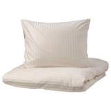 NATTJASMIN: beige duvet set with subtle stripes, soft sateen weave, rectangular.
