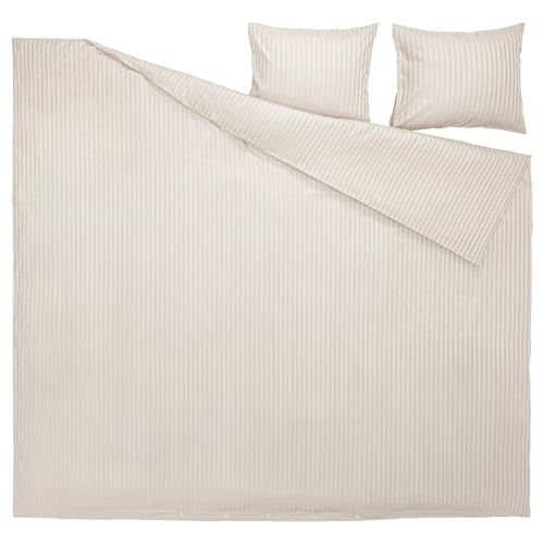NATTJASMIN bed set, beige, striped, cotton/lyocell, smooth with button closure.