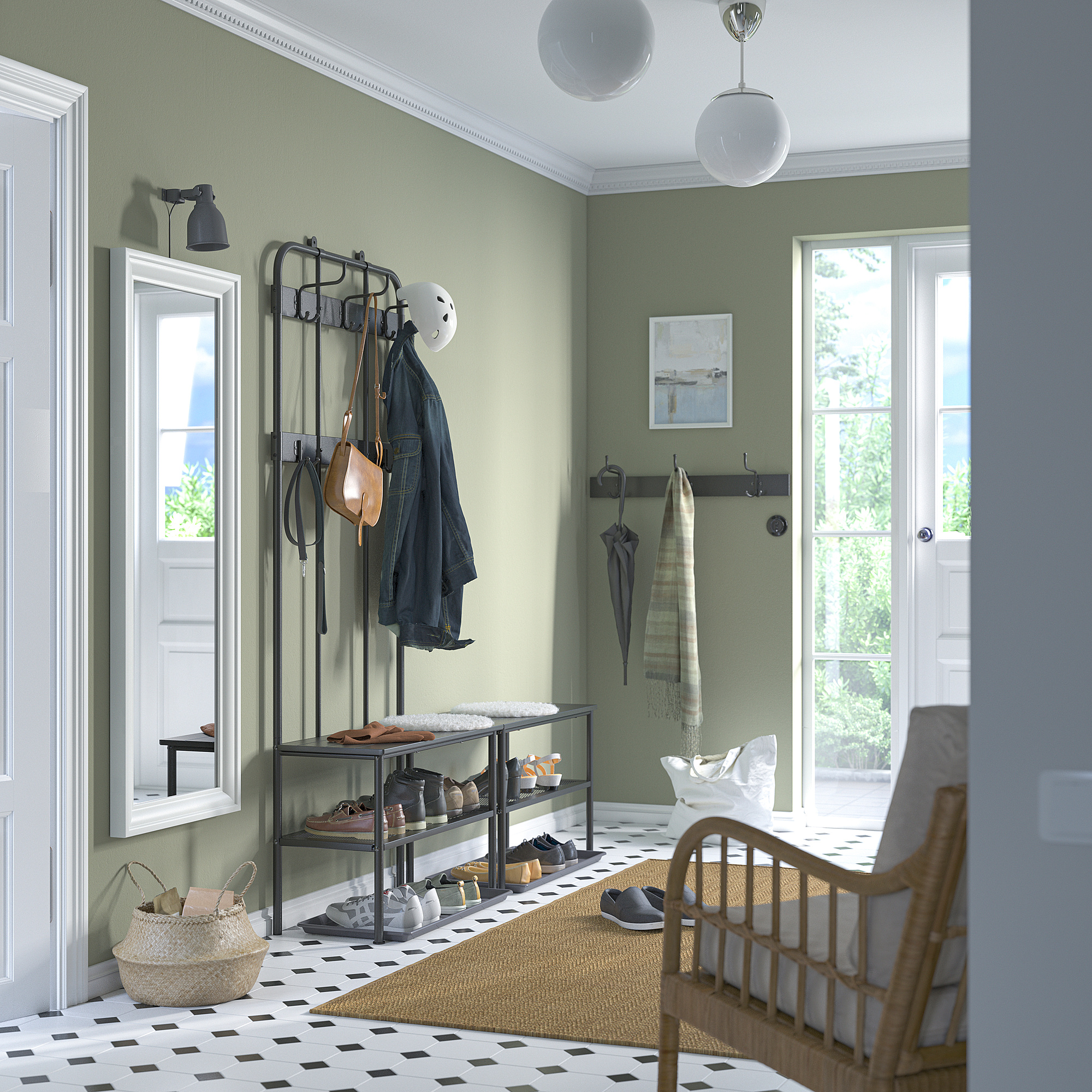 Modern entryway with shoe rack, bench, light green walls, mirror, and chair.