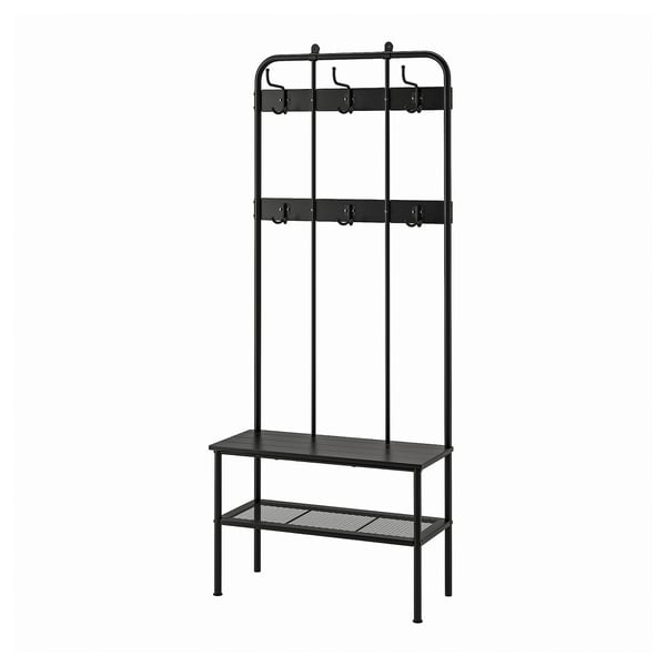 Black metal hall tree, hooks, bench, and shoe rack for hallway storage.
