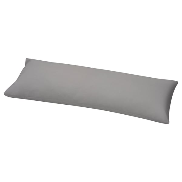 A gray, rectangular body pillow with a smooth design, made from 100% cotton.