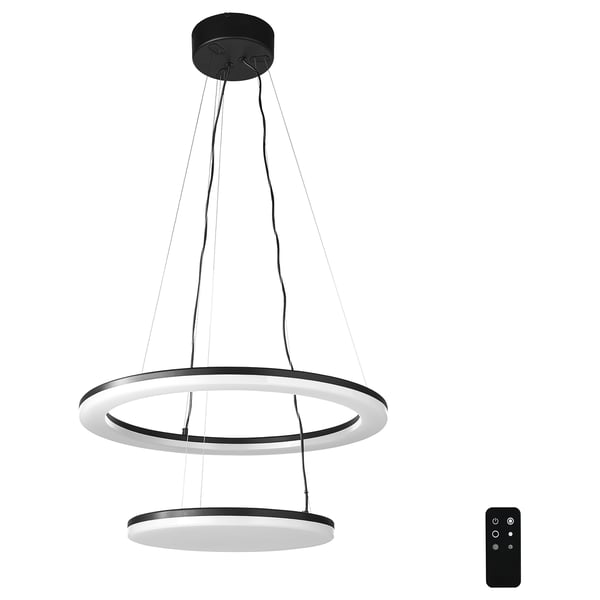 Modern dual-ring pendant lamp with remote. Black and white, adjustable, and energy-efficient.