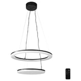 Modern dual-ring pendant lamp with remote. Black and white, adjustable, and energy-efficient.