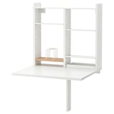 White wall-mounted drop leaf table with storage. Sleek, compact design, perfect for small spaces. Melamine and metal construction.