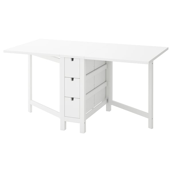 Nordic-style white extendable dining table with 3 drawers. Clean lines and sturdy construction for versatile, space-saving dining.