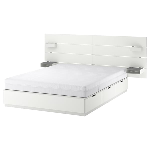 NORDLI white bed: modern, square, with storage drawers and headboard shelves.