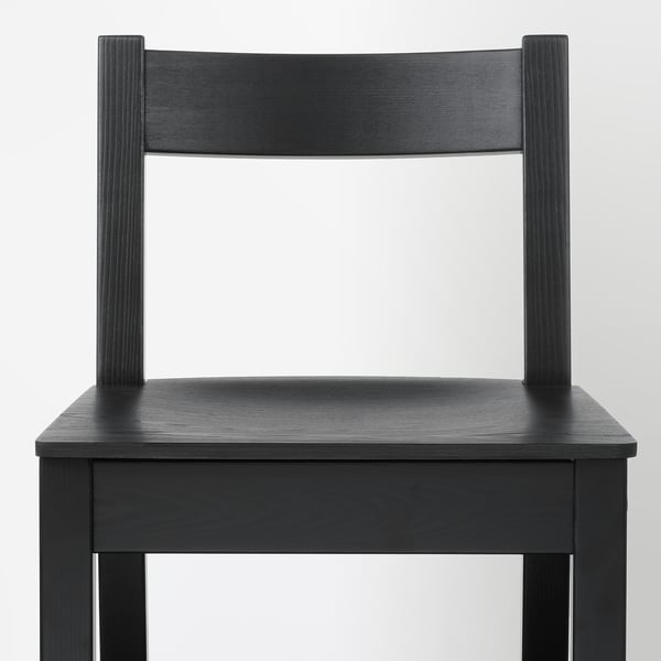 Black wooden chair with rectangular back support and seat. Solid design, sturdy legs, smooth finish.