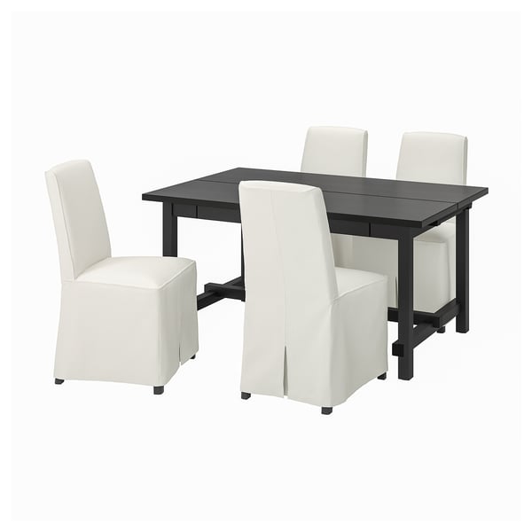 The NORDVIKEN dining set a black rectangular table with extendable leaves and four cream-colored, upholstered chairs.