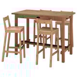 A light brown wooden bar set with table and stools. The table has drawers and the stools have backrests, made of solid pine.