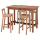 Option: A light brown wooden bar set with table and stools. The table has drawers and the stools have backrests, made of solid pine.