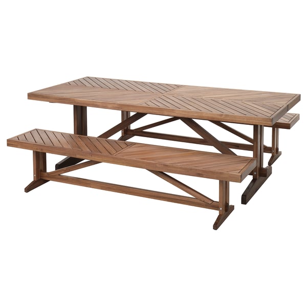 Brown wooden outdoor dining table with attached benches, made of acacia wood.